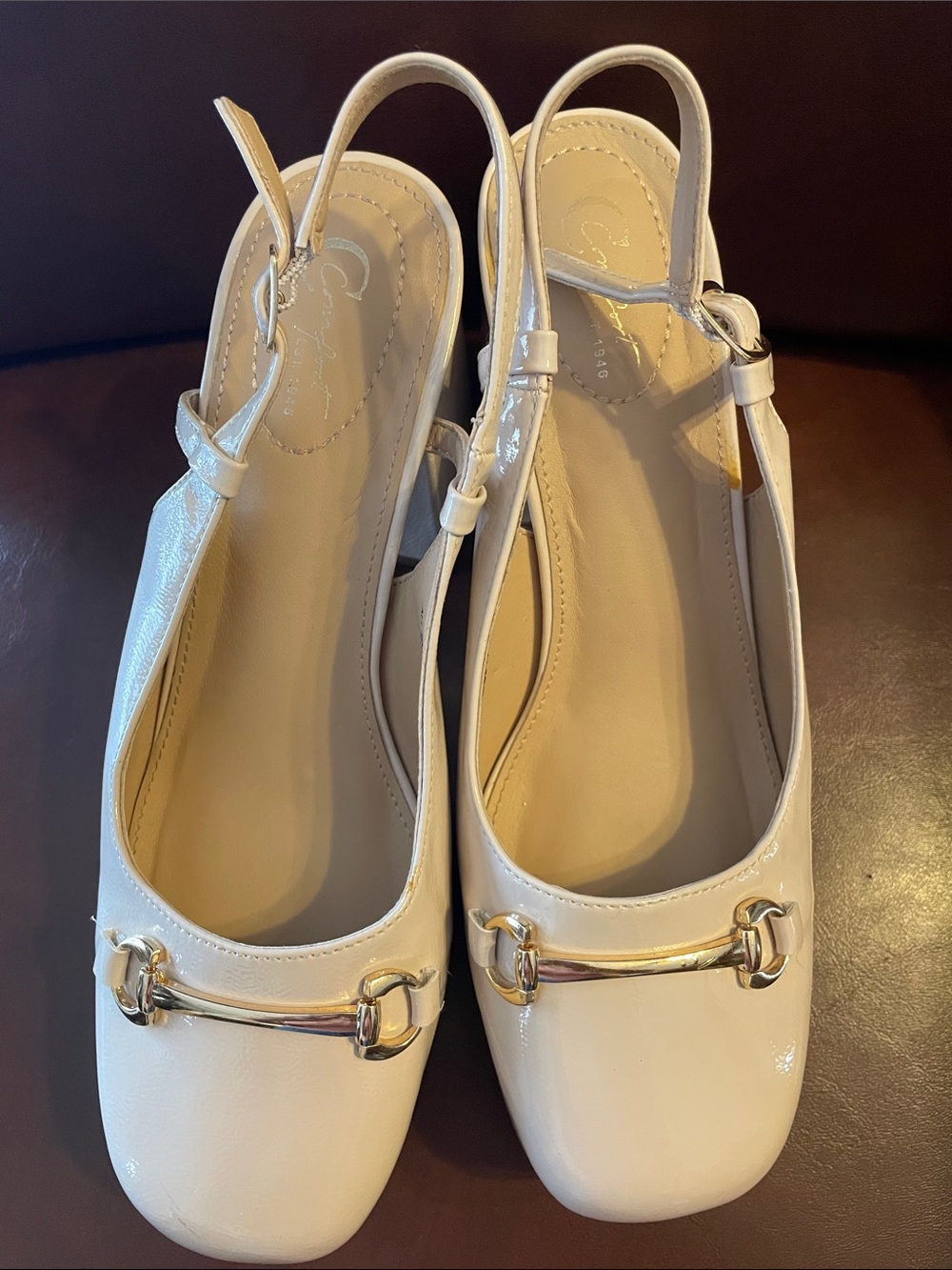 Cream Patent Slingback Loafers with Gold Bit Hardware
